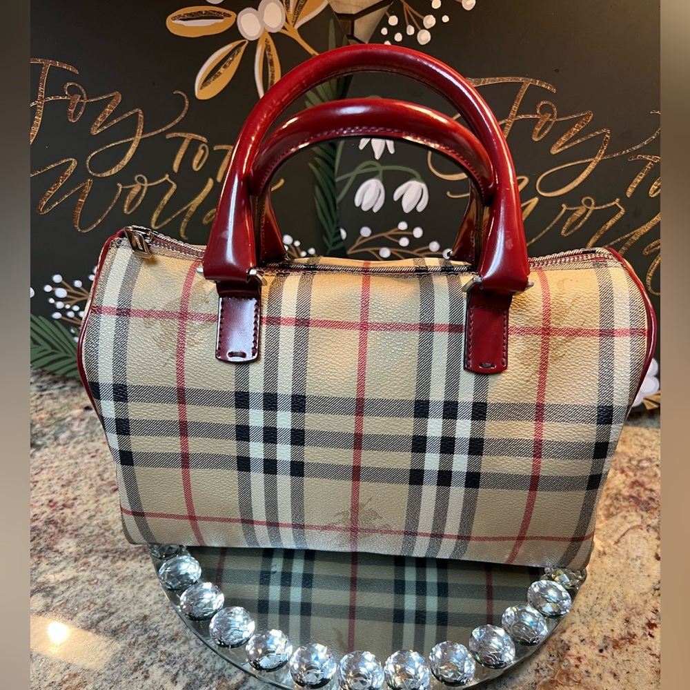 Burberry Red Nova Check PVC & Patent Leather Boston Bag. GREAT condition.